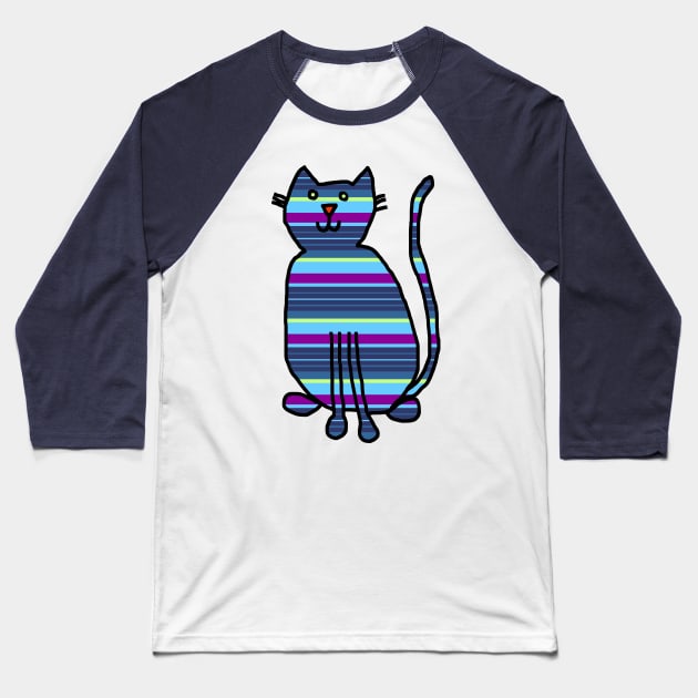 Cat Blue Stripes Baseball T-Shirt by ellenhenryart